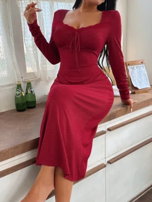 Women's Elegant Knitted Textured Patchwork Long Sleeve Fitted Nightgown