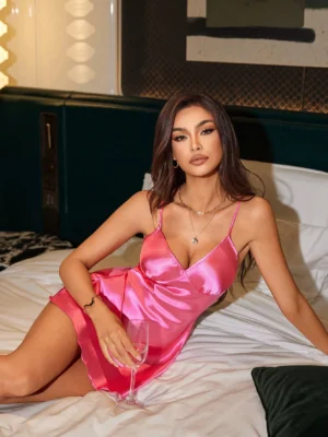 Lace Trim Faux Silk Backless Bowknot Sexy Nightgown Satin Dress