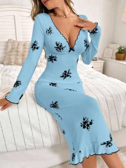 Women's Ribbed Print VNeck Ruffle Trim Bow Decor Long Sleeve Nightgown