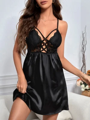 SilkySpell Lace Insert Cut Out Satin Cami Pajama Nightdress