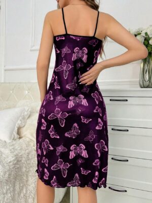 Butterfly Pattern Printed Spaghetti Strap Sleep Dress Pajama Dress