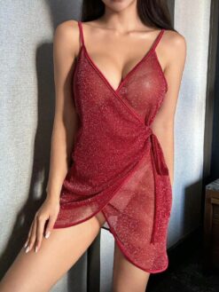 DAZY Silver Metallic Threading Blended Mesh Wrap Front Sheer Sexy Cami Nightgown
