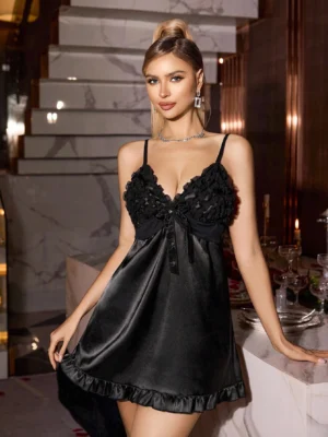Heavily Embellished Bowknot Decor Faux Silk Sexy Camisole Nightgown