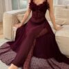 Women's Sexy Lace Floral Mesh Spaghetti Strap Long Nightgown