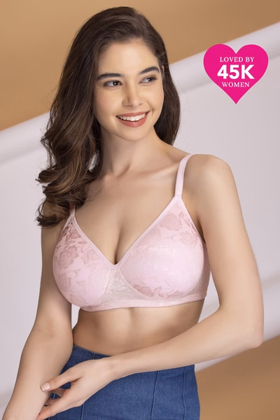 Lightly Padded Non-Wired Full Coverage Bra in Baby Pink - Lace
