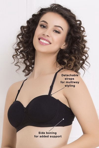 Padded Underwired Full Coverage Multiway Strapless T-Shirt Bra in Black - Cotton
