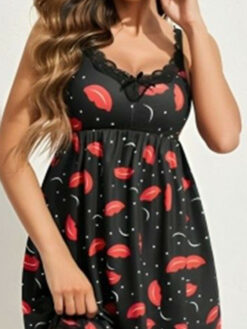 Black and red self design baby doll Nighty