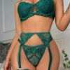 Embroidery Mesh Ring Linked Garter Underwire Lingerie Set