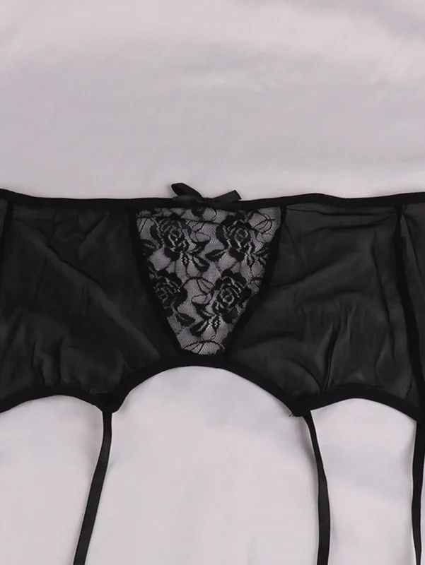 Lace Sexy High Waisted Sheer Garter Belt With Rose Pattern