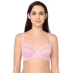 Non Padded Wired Full Cup Bridal Wear Lace Bra Full Support Bra - Light Pink