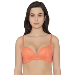 Padded Non Wired Push-Up Lacy Plunge Bra - Orange