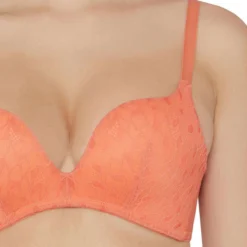 Padded Non Wired Push-Up Lacy Plunge Bra - Orange