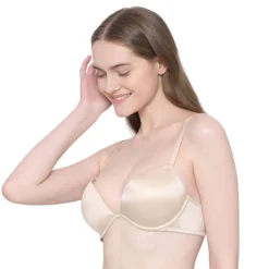 Padded Wired Demi Cup Plunge Neck Party Wear Level 3 Push-up Bra - Beige