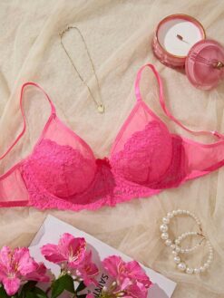Hot Pink Sheer Lace Push Up Bra