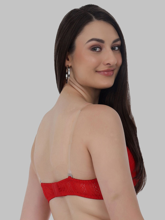 Net Embroided Half Coverage Lightly Padded Bra - Red