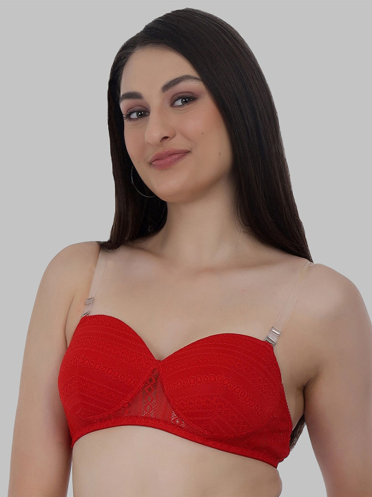 Net Embroided Half Coverage Lightly Padded Bra - Red