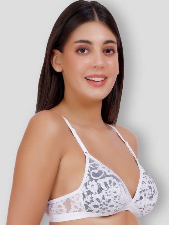 Net Embroided Half Coverage Plunge Bra With Adjustable Straps