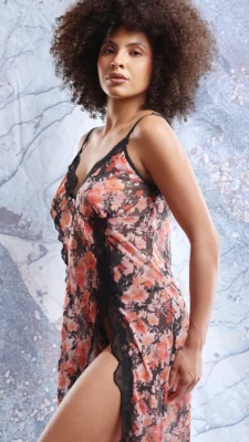 Floral Printed Net Long Nightdress