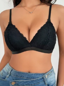 Maternity Solid Color Lace Trim Nursing Bra