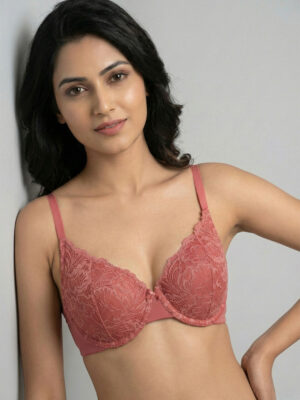 Padded Plunged Wired Medium Coverage Lace Bra - Dusty Cedar