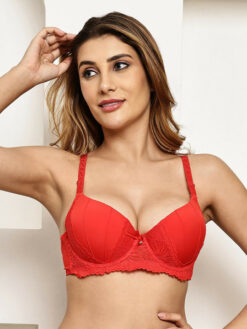 Red Underwired Polyester T-shirt Embellished Bra