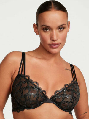 Sexy Shimmer Heart Embroidery Low-Cut Demi Embellished Bra