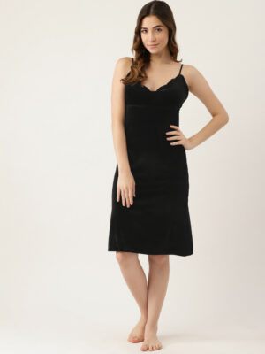 Women Black Silk Solid Baby Doll Nighty