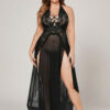Women Sheer Self Design Long Nightwear - Black