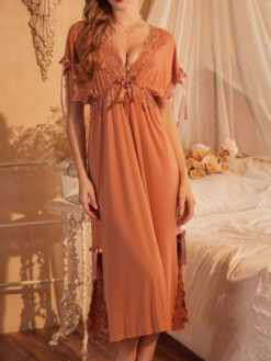 Women's Silk Long Nightgown with Plunging Lace Neckline
