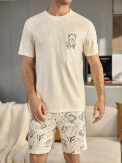 CoupledUp Cute Bear Print Ribbed Casual Men Pajama Set