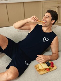Men's Casual Heart Print Sleeveless Tank Top And Pajama Set