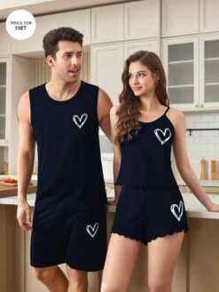 Men's Casual Heart Print Sleeveless Tank Top And Pajama Set