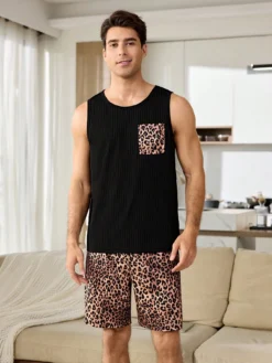 Men's Leopard Print Sleeveless Top And Pocket Shorts Casual Pajama Set