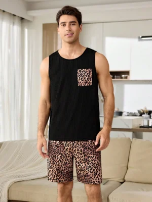 Men's Leopard Print Sleeveless Top And Pocket Shorts Casual Pajama Set