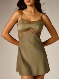 AiiRZ Satin Mini Slip Dress With Floral Lace Panels