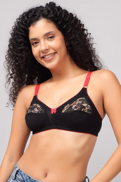 Cotton & Lace Non-Padded Non-Wired Full Coverage Bra in Black