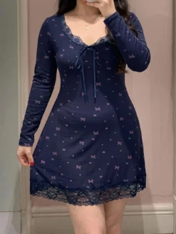 Dazy Sweet Bow Print Lace Patchwork Short Nighty