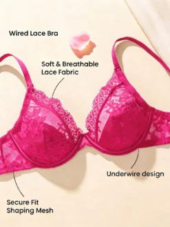 Elacene Bright Pink Sheer Lace Thin Cup Net Bra