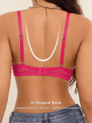 Elacene Bright Pink Sheer Lace Thin Cup Net Bra