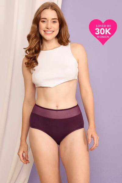 High Waist Hipster Panty in Wine Colour with Powernet Panels - Cotton