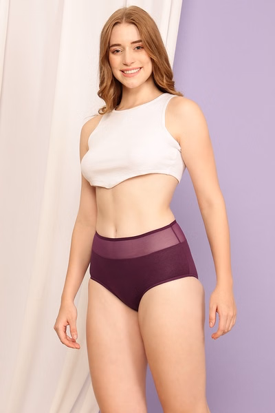 High Waist Hipster Panty in Wine Colour with Powernet Panels - Cotton
