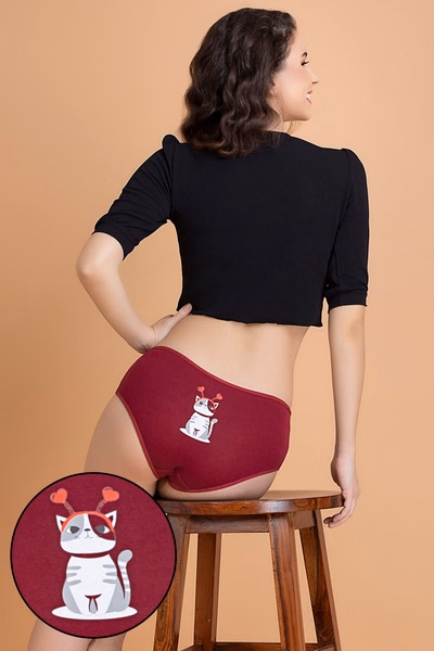 Mid Waist Kitty Print Hipster Panty in Dark Red - Cotton