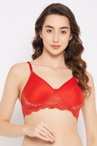 Non-Padded Non-Wired Full Coverage Bra in Red - Cotton