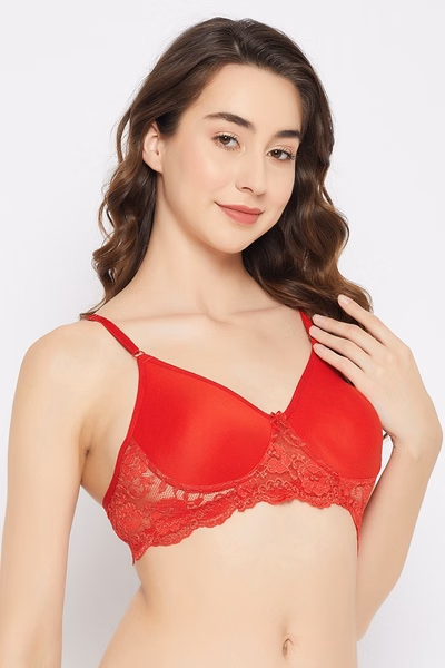 Non-Padded Non-Wired Full Coverage Bra in Red - Cotton