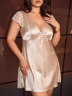 Women's Plus Size Lace Patchwork Faux Silk Nighty