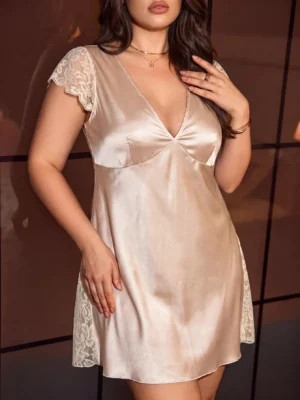 Women's Plus Size Lace Patchwork Faux Silk Nighty