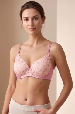 Padded Non-Wired Full Coverage Floral Print Classic Bra in Light Pink