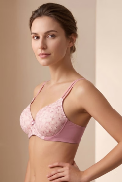 Padded Non-Wired Full Coverage Floral Print Classic Bra in Light Pink