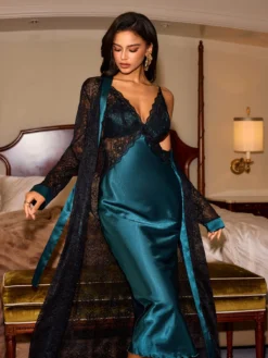 Slumberist Split Hem Lace Trim Faux Silk Cami Sexy Nightgown