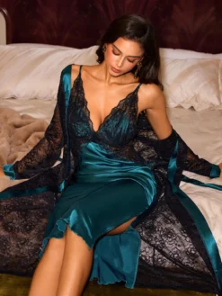 Slumberist Split Hem Lace Trim Faux Silk Cami Sexy Nightgown